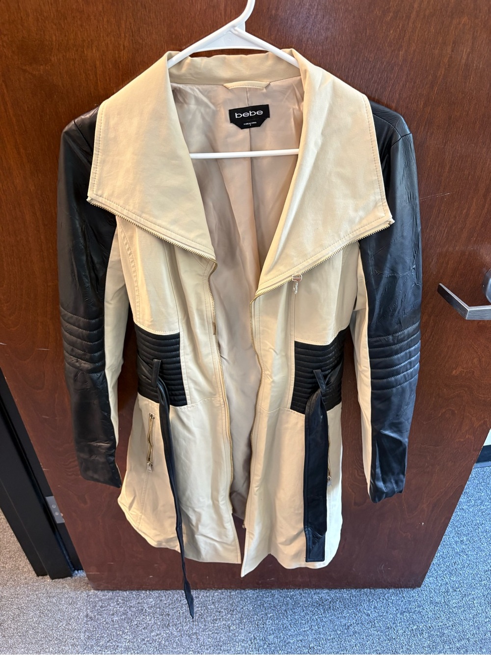 bebe Cream and Black Two-Tone Leather Jacket